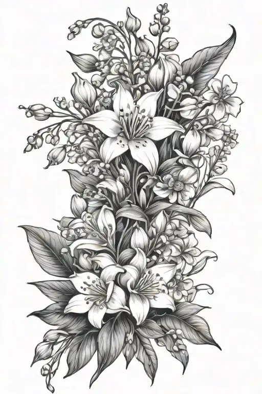 Lily of the valley and cosmos Flowers tattoo design idea