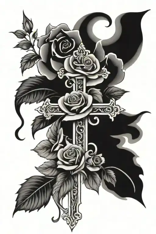 cross and roses tattoo design idea
