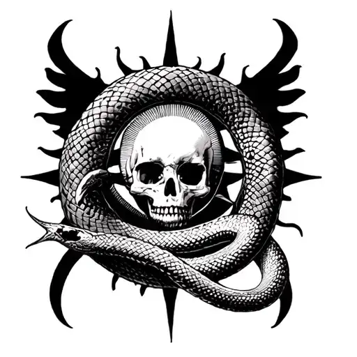 ouroboros skeleton snake and medieval sun in the middle tattoo design idea