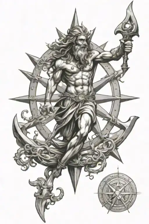 Poseidon, compass, nautical star tattoo design idea