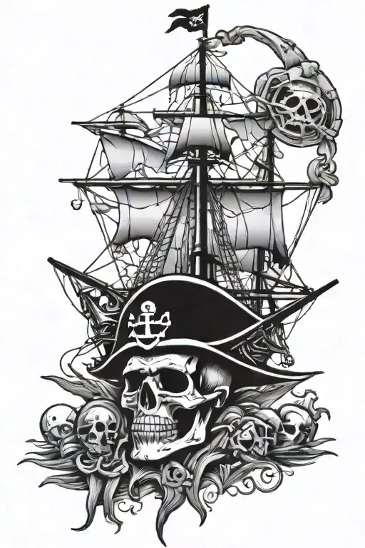 sea design. ship, lighthouse, compas, anchor, skull with pirat hat and eye patch tattoo design idea