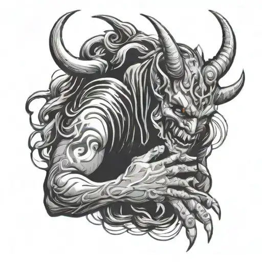 A demon with a human mask in hands on covering his face tattoo design idea