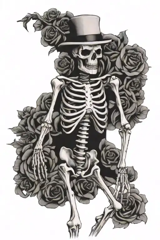 dancing stick skeleton with 4744 in one of the bones tattoo design idea