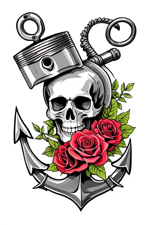 skull, piston, anchor, roses wrapped tattoo design idea