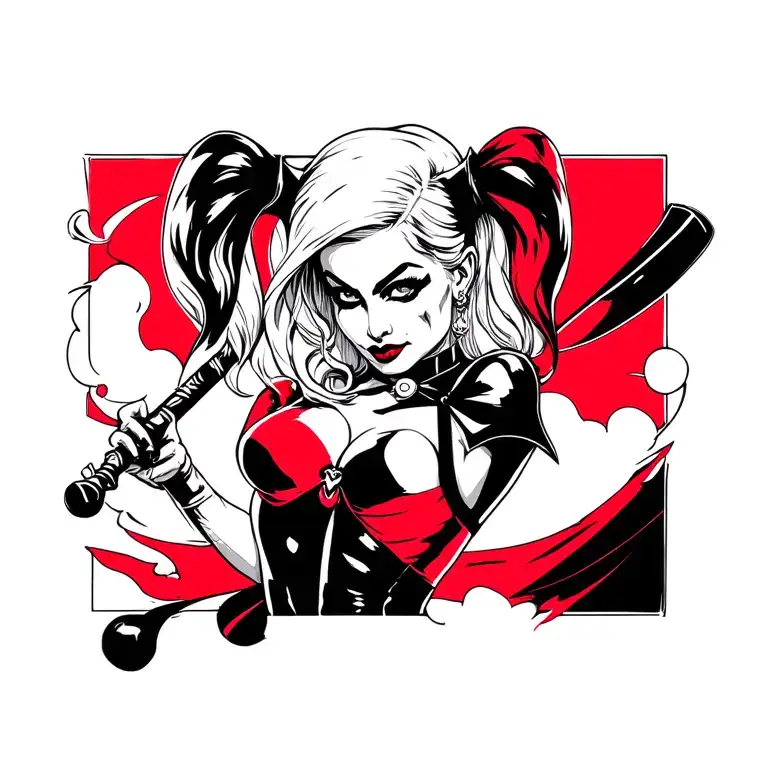 A clean black linework tattoo design of Harley Quinn holding her “Goodnight” bat. Bold outlines only, no shading or colo tattoo design idea