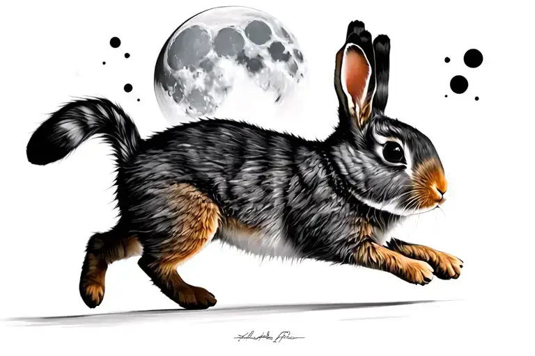 realistic rabbit running with moon phases incorporated tattoo design idea