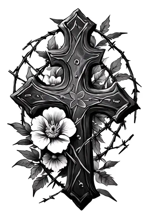 western cross with flowers and barbed wire tattoo design idea