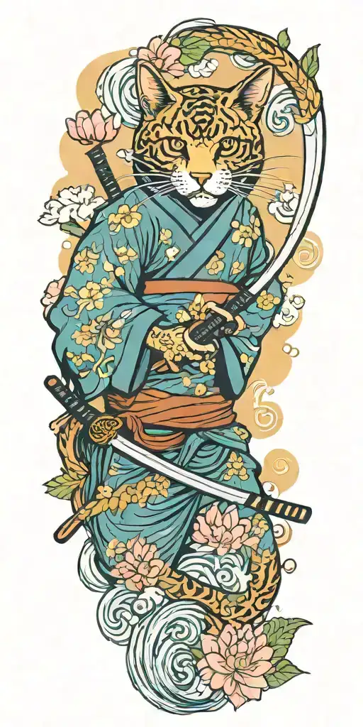 ninja cat holding katana, tail, water, waves, lotus, sakura, clouds, whirlpool, leaves, peony, sunset tattoo design idea