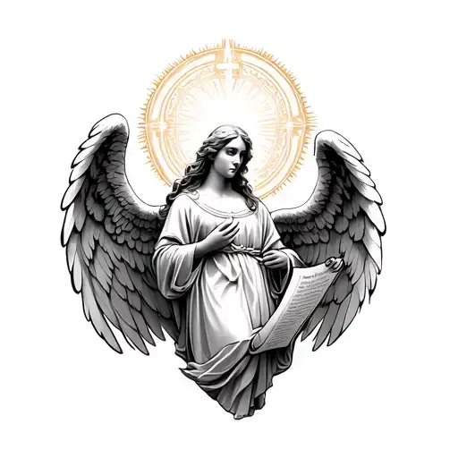 A realistic angel with intricate wings holding a sacred scroll, surrounded by a halo of light tattoo design idea