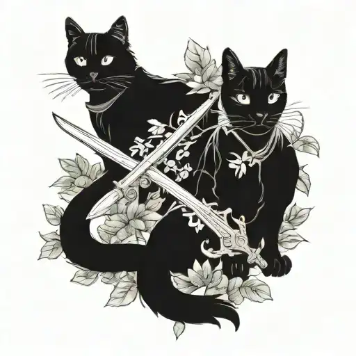 two black cats as knights with swords and with foliage  tattoo design idea
