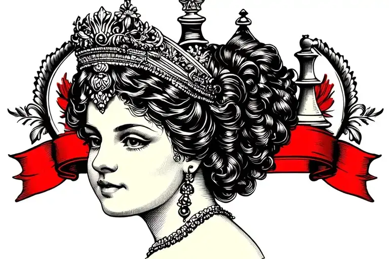 chess queen woman side profile traditional lady head black and white tattoo design idea