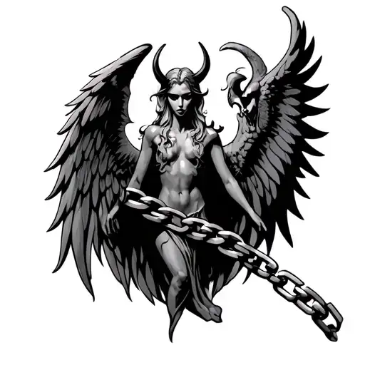 snapping chain with above it two different wings one angel and one devil tattoo design idea