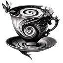 A teacup with a spiral inside and a moth flying out illusion  tattoo design idea