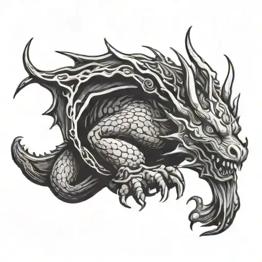woodcut style tatto of a friendly dragon sleeping tattoo design idea