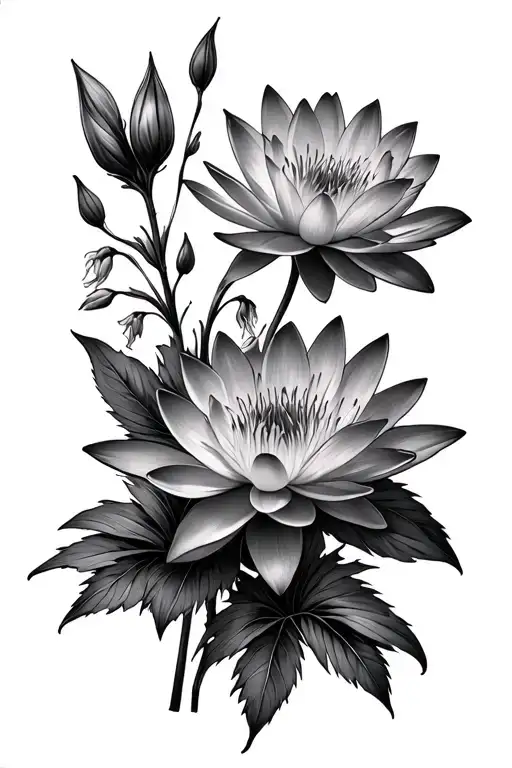 waterlily and larkspur flowers and Smokey background tattoo design idea