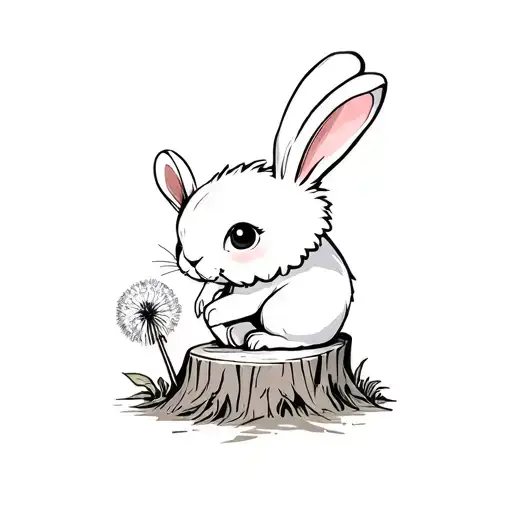 a fluffy lion head  bunny rabbit with upright ears and a lop ear bunny rabbit eating dandelion sat on tree stump tattoo design idea