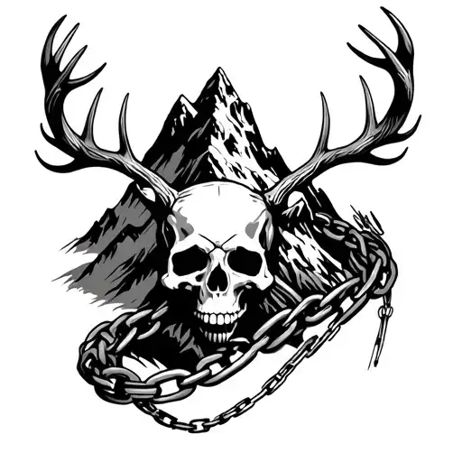 mountain and chains wrapped with skull and deer horns  tattoo design idea