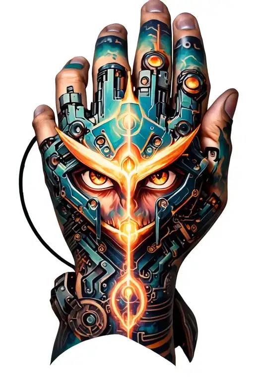 hand and arm tattoo bio mechanical style blending circuits glowing lights and Zelda symbols ie. majora's mask. realistic tattoo design idea