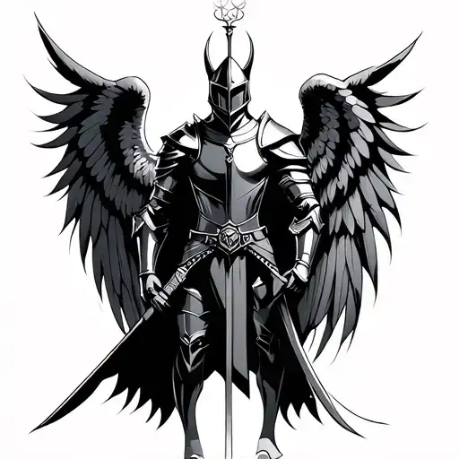 knight, black, angel wings tattoo design idea