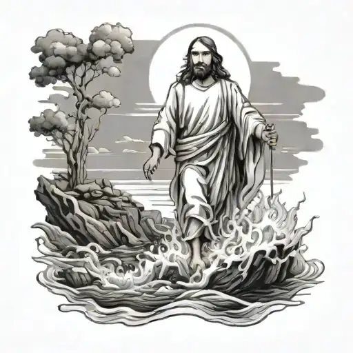 Jesus walking on water with peter tattoo design idea
