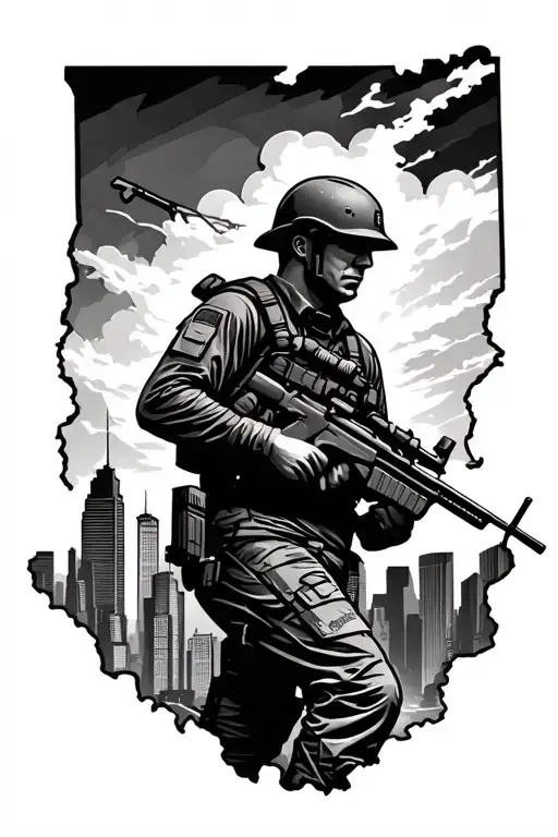  solider holding a rifle, leaving home behing the columbus ohio skyline tattoo design idea