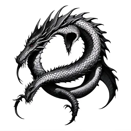 “Dark gothic ouroboros tattoo design, featuring a serpent or dragon biting its own tail. The body of the creature is det tattoo design idea