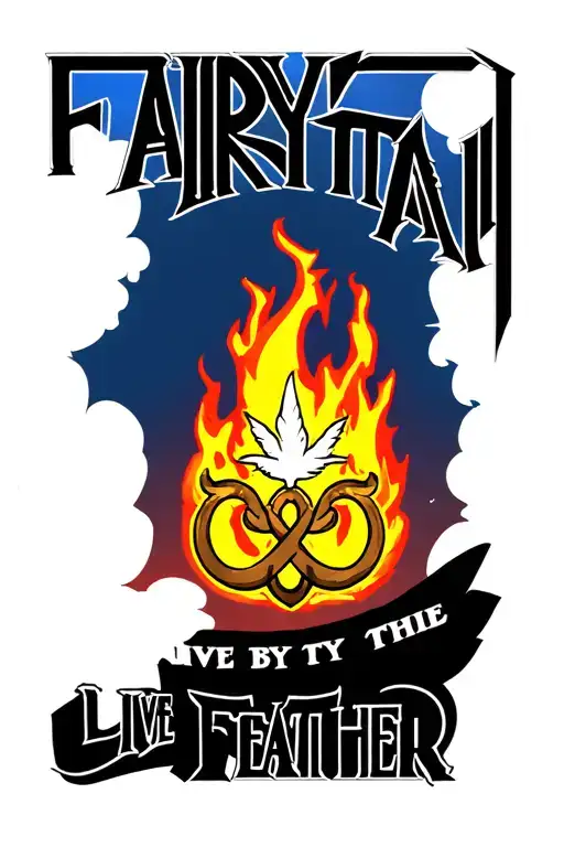 The anime Fairytail logo mixed in with a glaxay sky, fire, and an Aries symbol. Add the phrase Live By The Feather tattoo design idea