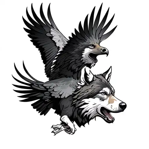 wolf and eagle soaring tattoo design idea