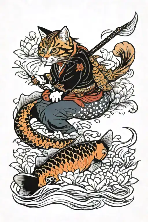 Samurai tabby cat riding koi fish in water with lotus  tattoo design idea