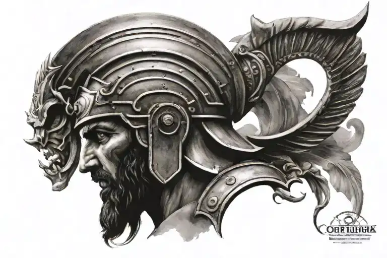 head of sparta soldier between greek mitology tattoo with elements tattoo design idea