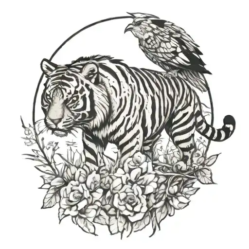 A tiger with an buzzard perched on tigers back tattoo design idea
