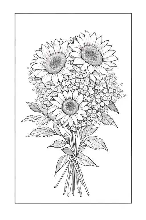 bouquet of flower: hydrangeas, sunflowers, baby's breath, Easter lilies tattoo design idea