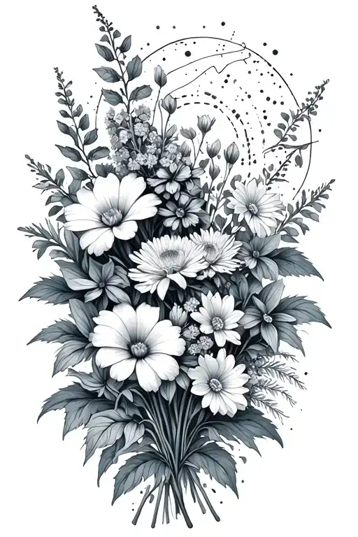 Leo and Virgo constellations, bouquet of asters, delphinium, water lilies and morning glory flowers tattoo design idea