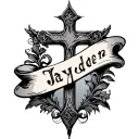 cross with a scroll around it that says Jayden  tattoo design idea