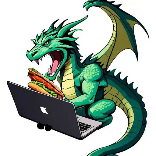 A Dragon that is eating a Döner Kebab with one Hand and holding a Laptop with his other hand while looking stressed into tattoo design idea