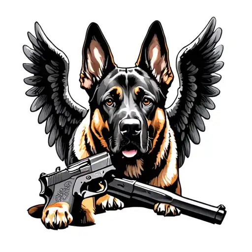 a Malinois with a Canik pistol and Angel wings the dog is not dead  tattoo design idea