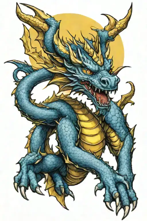 blue dragon with a yellow sun behind it tattoo design idea