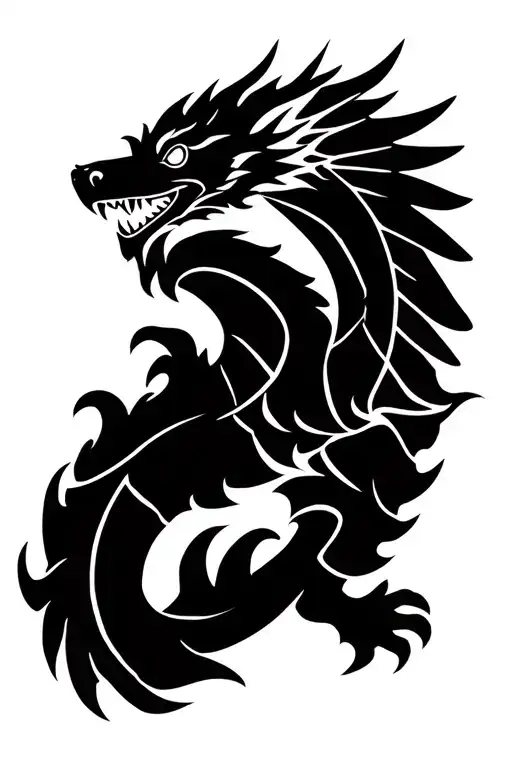 A polynesian tribal tattoo, image of a dragon with wings spread, inside the dragon is the outline of a dog tattoo design idea
