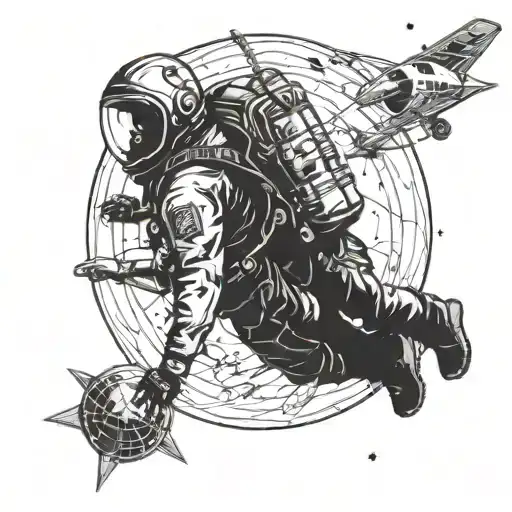 a skydiving parachute with pilot, archeological site, camping under space and planets tattoo design idea