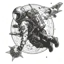 a skydiving parachute with pilot, archeological site, camping under space and planets tattoo design idea