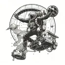 a skydiving parachute with pilot, archeological site, camping under space and planets tattoo design idea