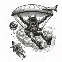 a skydiving parachute with pilot, archeological site, camping under space and planets tattoo design idea