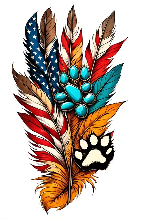multiple feathers in fall colors with 2 dog paw prints incorporated, American flag and western turquoise jewlery tattoo design idea