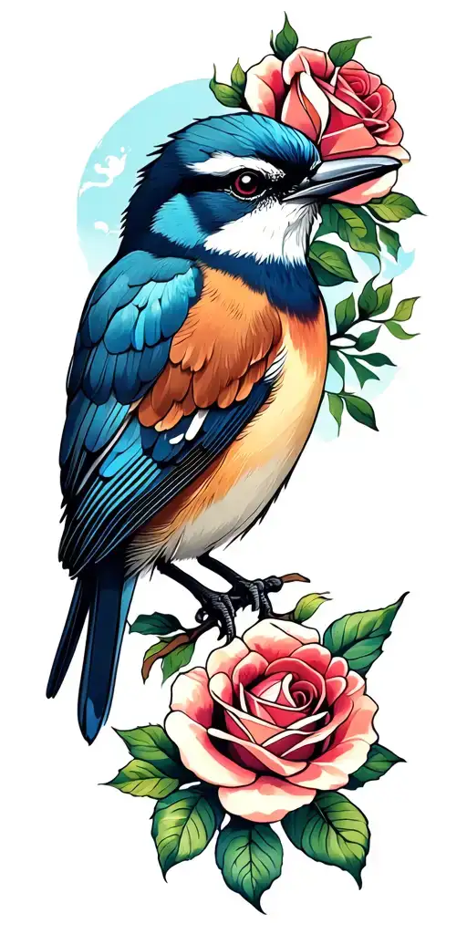 shrike bird In roses tattoo design idea