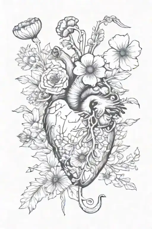 abstract design human heart, poppies, anemones, mushrooms, love and the letters J and C tattoo design idea