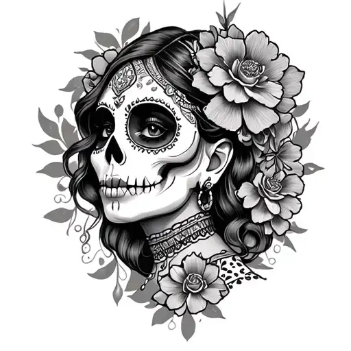 black and white mexican catrina tattoo design idea