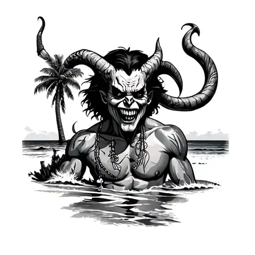 ROCKABILLY SATAN ON THE BEACH tattoo design idea