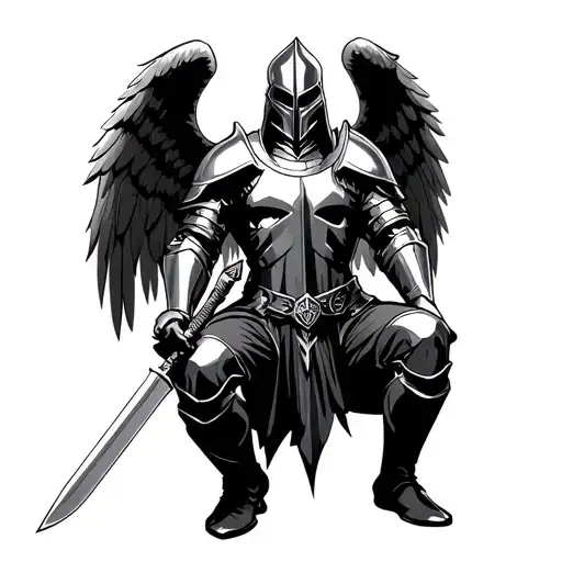 kneeling crusader holding sword angel wings in armor tattoo design idea