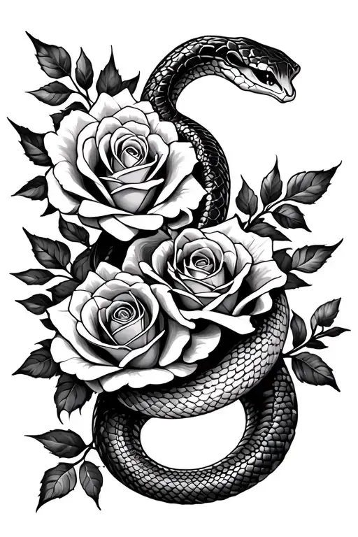 snake intertwined and roses tattoo design idea