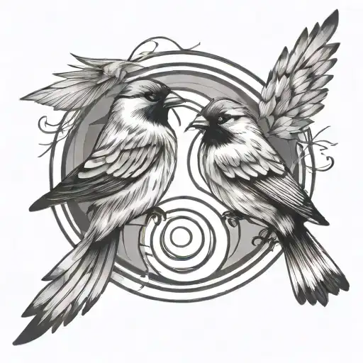 2 sparrows in the shape of ying and yang flying in a circular movement. No added details, just 2 birds. tattoo design idea